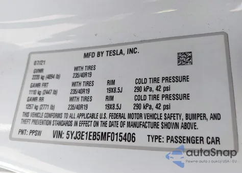 2021 Tesla Model 3 Long Range Dual Motor All-Wheel Drive from USA, damaged, VIN 5YJ3E1EB5MF015406